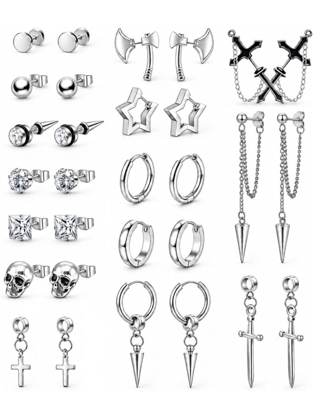Gothic Black Stainless Steel Hoop Dangle Earrings Set for Men - Stylish